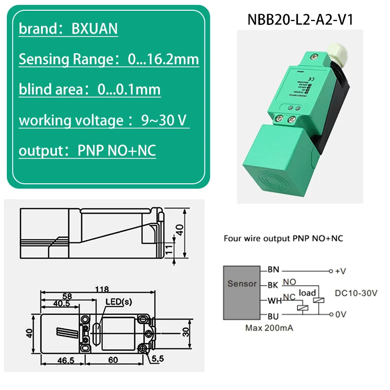 BXUAN Square inductive sensor with a detection distance of 20mm, three wire four wire output NPN PNP AC NO NC