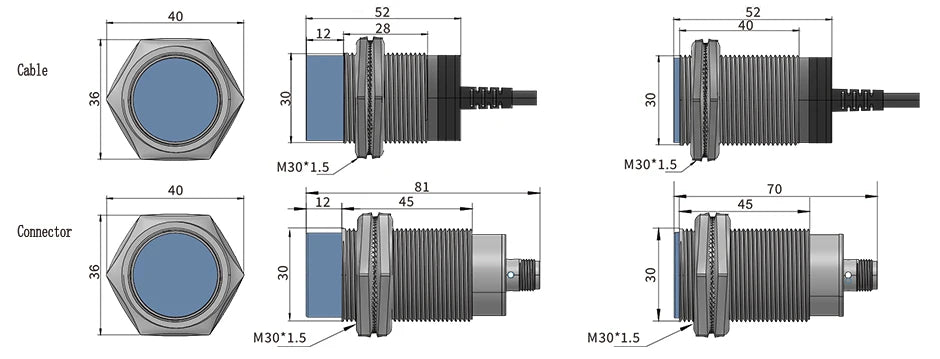GTRIC Inductive Proximity Sensor M30 Series M12 4pins Plug-in Connector Type NPN PNP Flush Industrial Non-contact Metal Switch