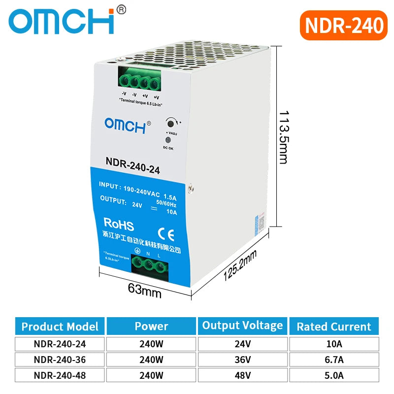 OMCH NDR Series 75/120/150/240/480W AC to DC Din-rail Switching Power Supply 100-240 or 200-240VAC Input 12V/24V/36V/48V Output