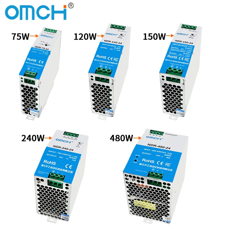 OMCH NDR Series 75/120/150/240/480W AC to DC Din-rail Switching Power Supply 100-240 or 200-240VAC Input 12V/24V/36V/48V Output