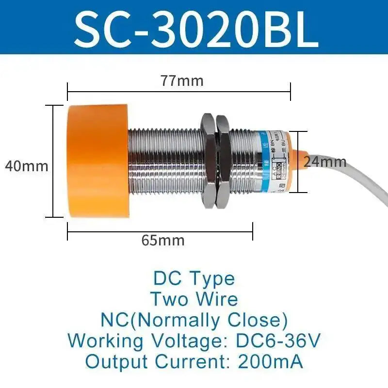 Inductive Proximity Switch Sensor Waterproof SC-3020A Three Wire NPN Normally Open 24V DC M40 20mm