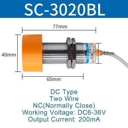 Inductive Proximity Switch Sensor Waterproof SC-3020A Three Wire NPN Normally Open 24V DC M40 20mm