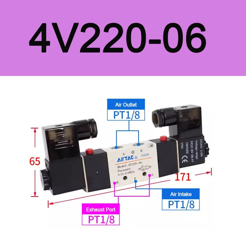 AirTAC 4V120-06 4V220-08 4V320-10 4v420-15 Solenoid Valve Air Valve Two Position Five Way Reversing Valve 12V 24V 110V 220V