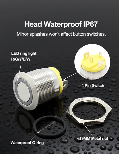 FILN IP67 22mm 20A Waterproof Metal Button Stainless Steel Push Button Switch 12V 24V 110V 220V High Current Flat Ring Round