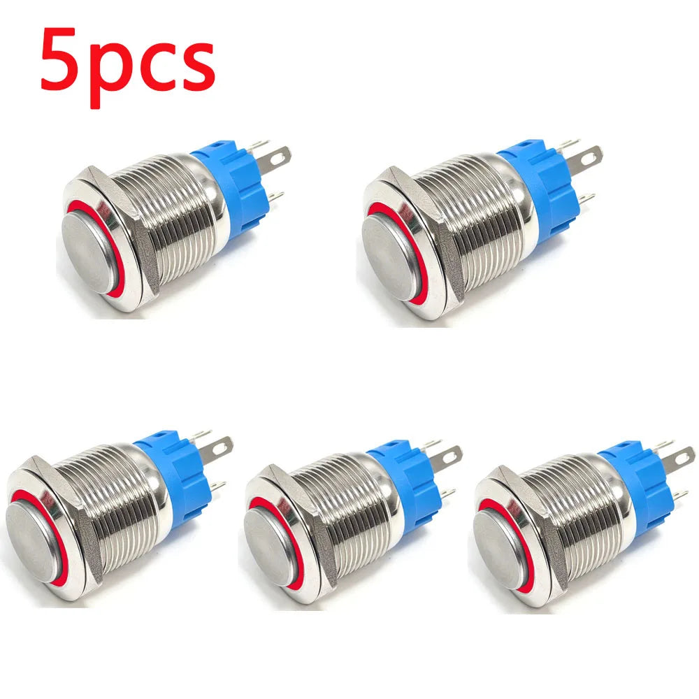 5 pcs Metal Push Button Switch Waterproof Momentary Latching 16mm 19mm 22mm Ring Lamp   LED Light 5V 6V 12V 24V 220V Red Blue
