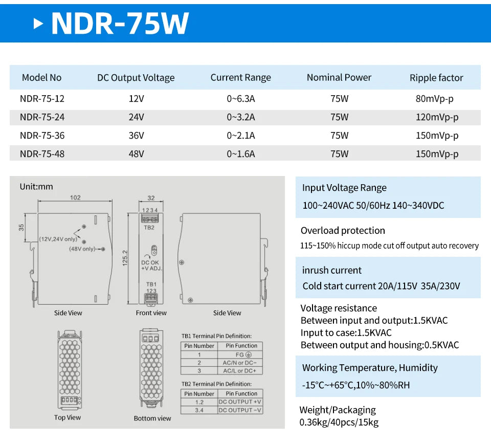 OMCH NDR Series 75/120/150/240/480W AC to DC Din-rail Switching Power Supply 100-240 or 200-240VAC Input 12V/24V/36V/48V Output