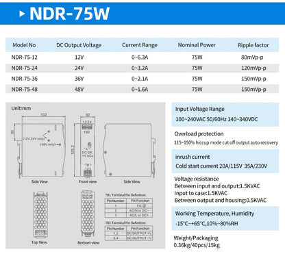 OMCH NDR Series 75/120/150/240/480W AC to DC Din-rail Switching Power Supply 100-240 or 200-240VAC Input 12V/24V/36V/48V Output