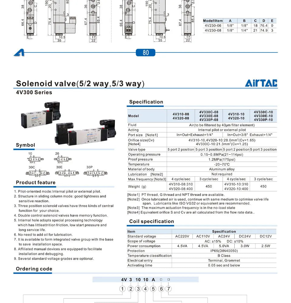 AirTAC 4V120-06 4V220-08 4V320-10 4v420-15 Solenoid Valve Air Valve Two Position Five Way Reversing Valve 12V 24V 110V 220V