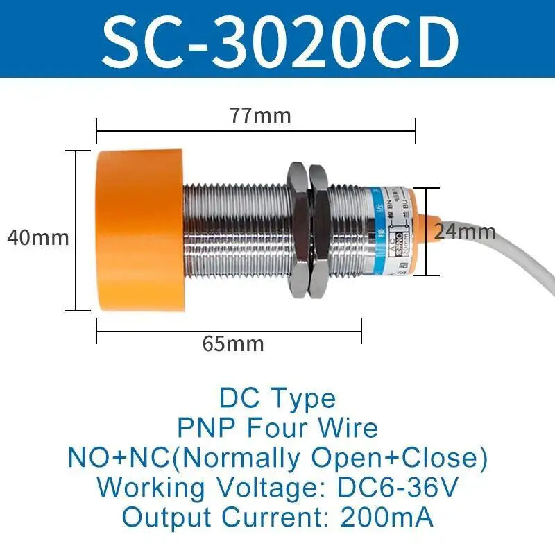 Inductive Proximity Switch Sensor Waterproof SC-3020A Three Wire NPN Normally Open 24V DC M40 20mm