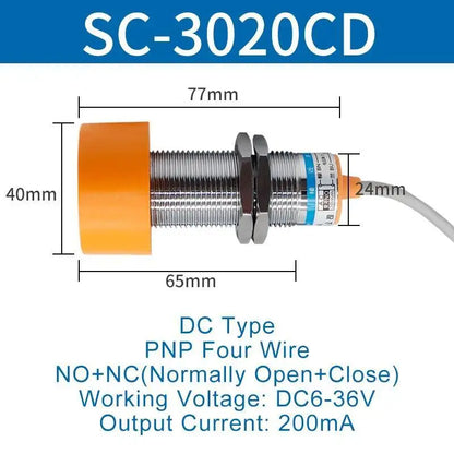 Inductive Proximity Switch Sensor Waterproof SC-3020A Three Wire NPN Normally Open 24V DC M40 20mm