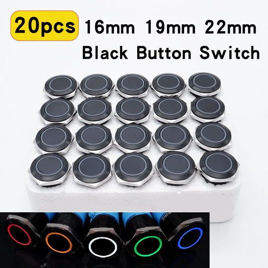20pcs 16mm 19mm 22mm Metal Push Button Switch LED Ring Power Light Momentary Latching Waterproof  5V 12V 24V 220V Black 1NO1NO