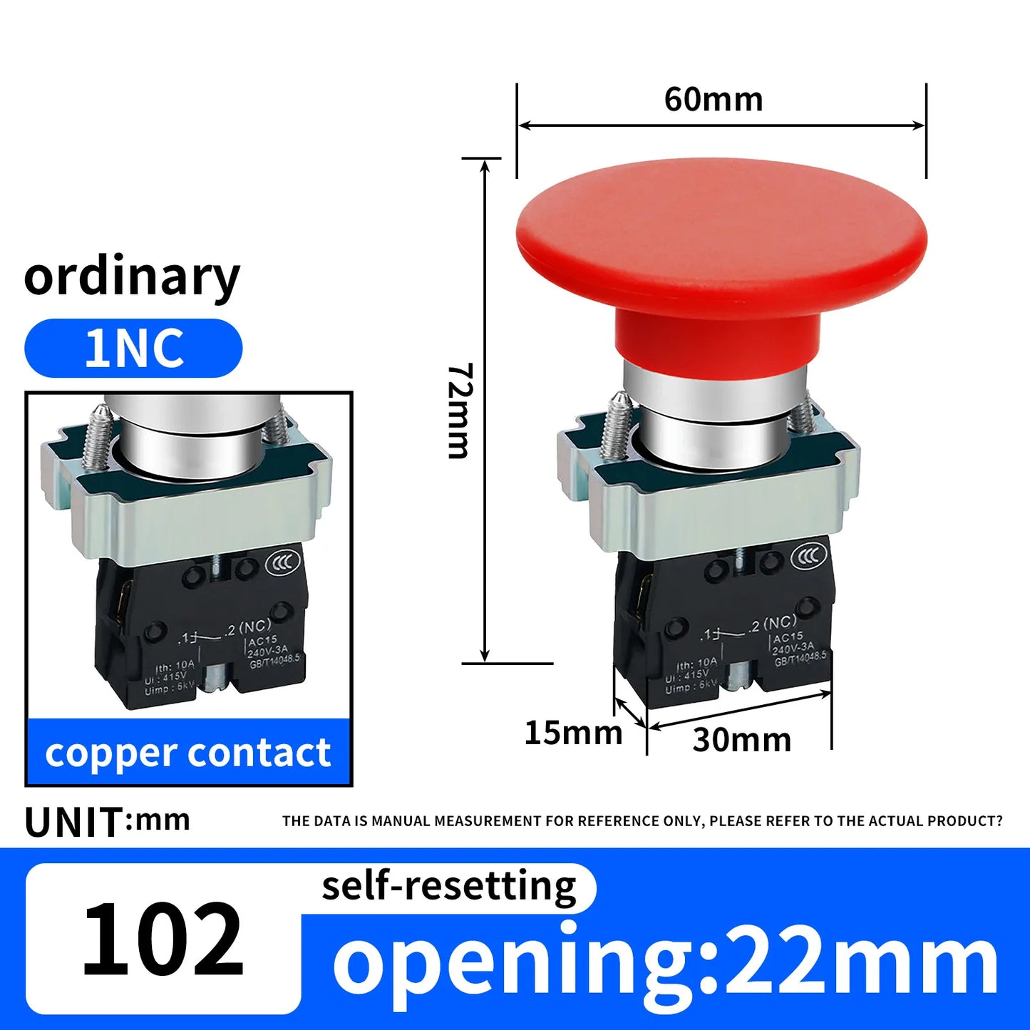 Botón Pulsador de Retorno por Resorte 22mm (10 pzas), para Equipo Industrial y Tableros de Distribución