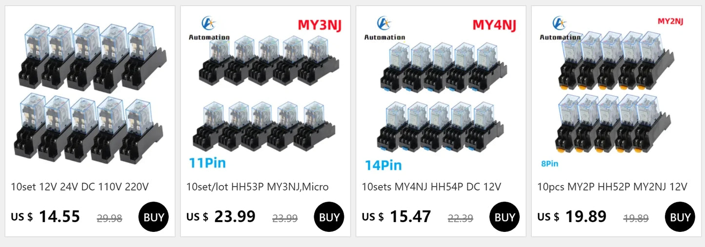 10pcs MY2P HH52P MY2NJ 12V 24V DC / 110V 220V AC coil general purpose DPDT micro mini relay with socket base