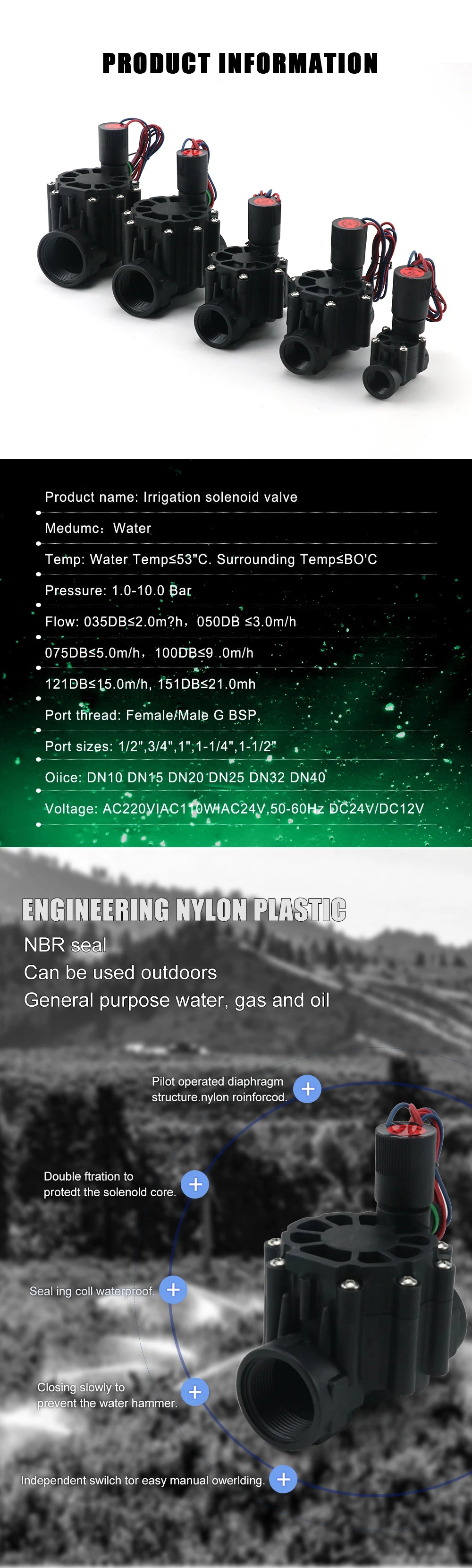 DN15 DN20 DN25 1/2" 3/4" 1" Normally Closed Solenoid Valve AC220V DC12V  Nylon Valve For Farm Garden Landscape Irrigation