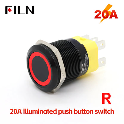 FILN IP67 22mm 20A Waterproof Metal Button Stainless Steel Push Button Switch 12V 24V 110V 220V High Current Flat Ring Round