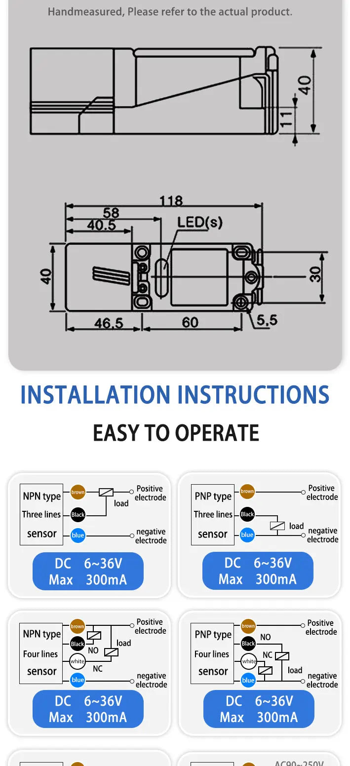 BXUAN Square inductive sensor with a detection distance of 20mm, three wire four wire output NPN PNP AC NO NC