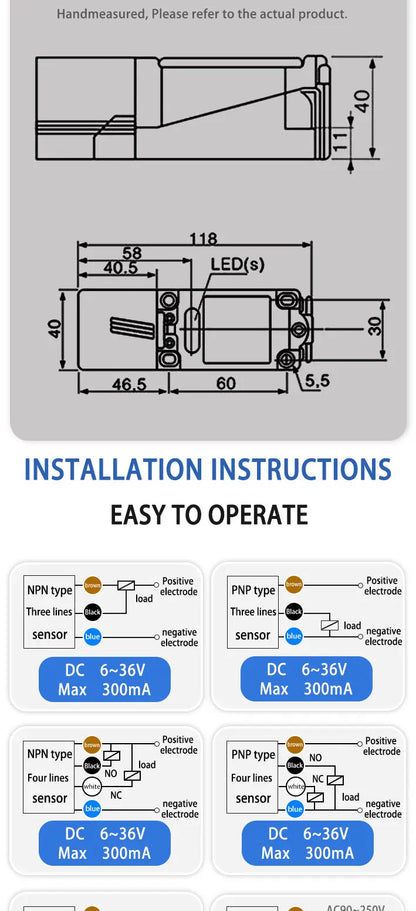 BXUAN Square inductive sensor with a detection distance of 20mm, three wire four wire output NPN PNP AC NO NC