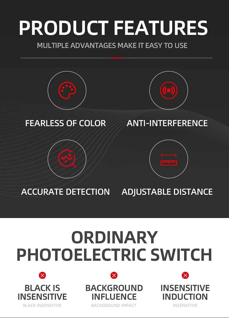 10-300mm Sensing Distance Infrared Diffuse Reflection BackgroundPNP/NPN NO/NC IP67 Optical Sensor DC10-30V Adjustable