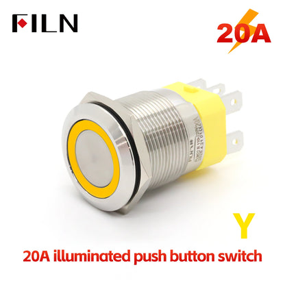 FILN IP67 22mm 20A Waterproof Metal Button Stainless Steel Push Button Switch 12V 24V 110V 220V High Current Flat Ring Round