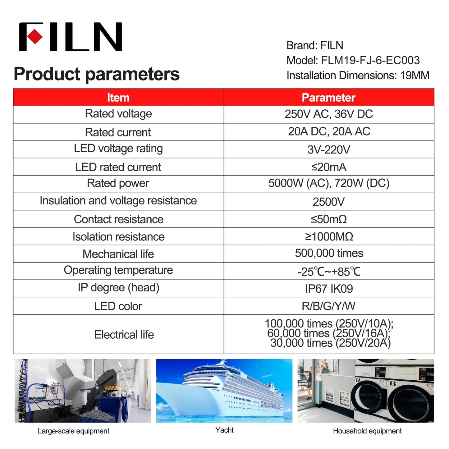 FILN IP67 22mm 20A Waterproof Metal Button Stainless Steel Push Button Switch 12V 24V 110V 220V High Current Flat Ring Round