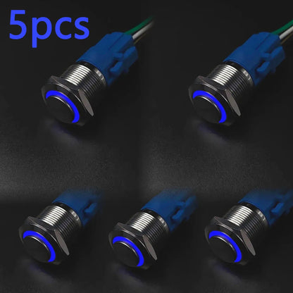 Botón Pulsador Metálico (5 pzas) 16/19/22mm, Momentáneo/Enclavable, Anillo LED, 5V-220V, Impermeable