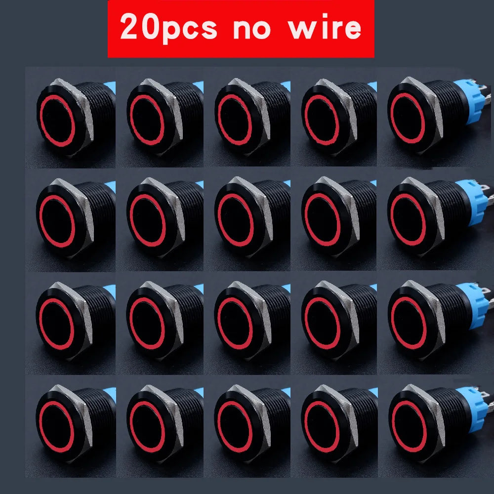 20pcs 16mm 19mm 22mm Metal Push Button Switch LED Ring Power Light Momentary Latching Waterproof  5V 12V 24V 220V Black 1NO1NO
