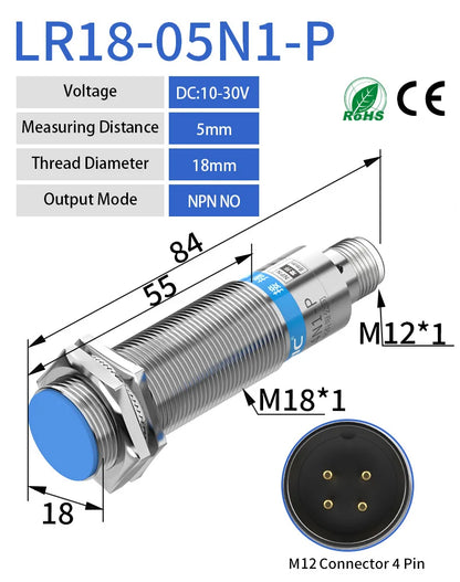 GTRIC M18 Connector Inductive Proximity Sensor NPN PNP M12 4Pins Plug-in Series Flush Distance 5mm 8mm 10-30V DC Metal Switch