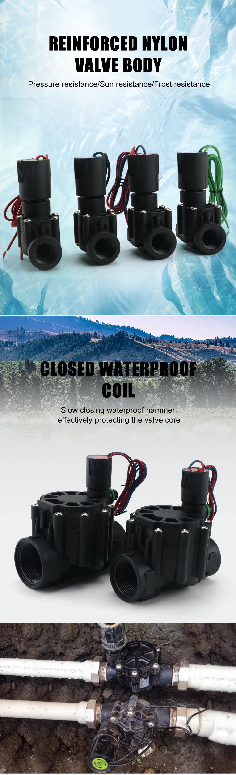 Electroválvula Solenoide Normalmente Cerrada DN15/DN20/DN25 (1/2"-1"), Nylon, 12VDC/220VAC, para Riego