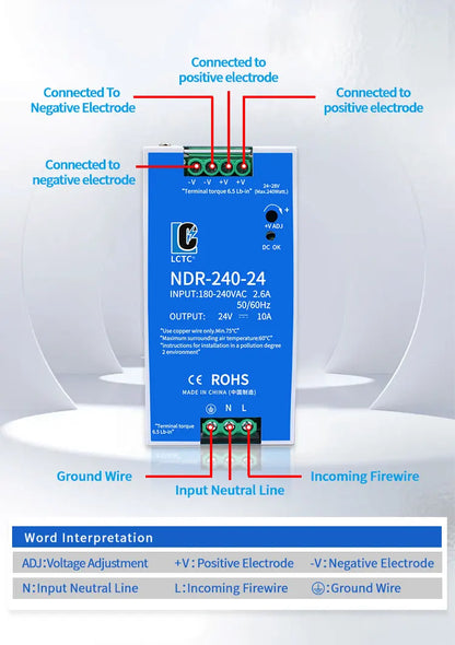 LCTC Switching Power Supply NDR-75W 120W 240W 480W Industrial DIN Rail 12V 24V 48V AC/DC Single Output Power Transformer