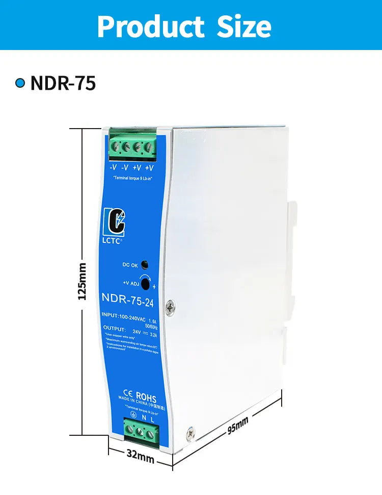 LCTC Switching Power Supply NDR-75W 120W 240W 480W Industrial DIN Rail 12V 24V 48V AC/DC Single Output Power Transformer