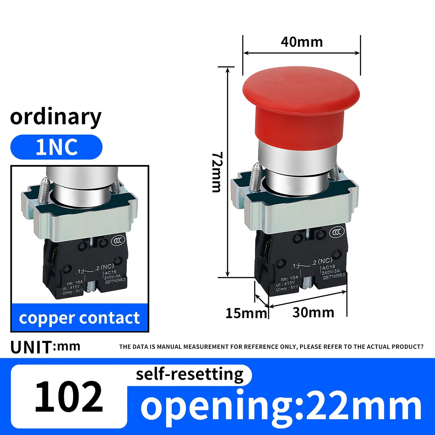10Pcs 22mm Spring Return Push Button Switch,for Home or Industrial Equipment, Operating Rooms, Distribution Boxes.