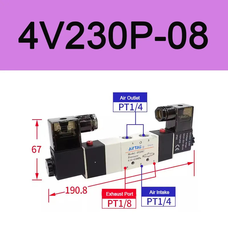 AirTAC 4V130C-06 4V230C-08 4V330C-10 4V430C-15 Pneumatic Air Solenoid Valve 5 Port 3 Position Way Reversing  12V 24V 110V 220V
