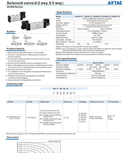 AirTAC 4V120-06 4V220-08 4V320-10 4v420-15 Solenoid Valve Air Valve Two Position Five Way Reversing Valve 12V 24V 110V 220V