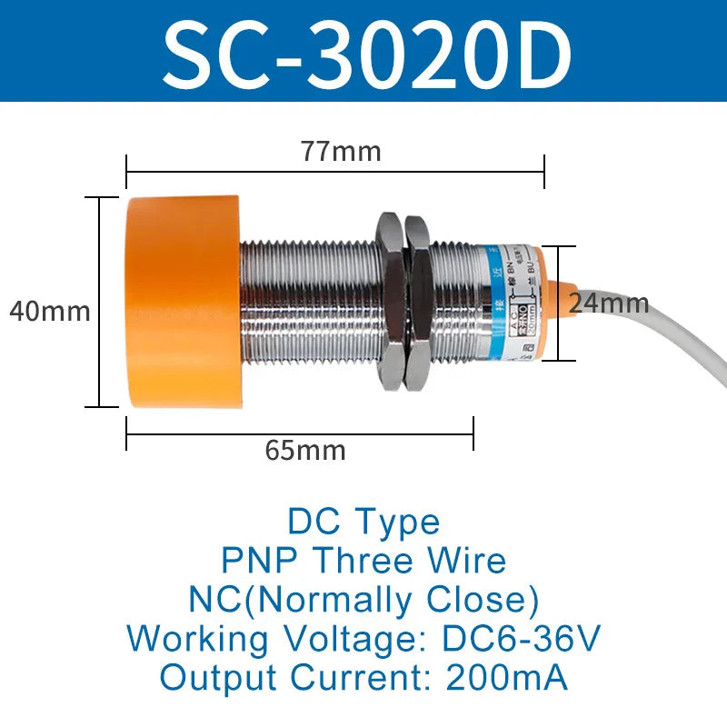 1.1 Meters Inductive Proximity Switch Sensor Waterproof SC-3020A Three Wire NPN PNP NO NC 24V DC AC M40 20mm