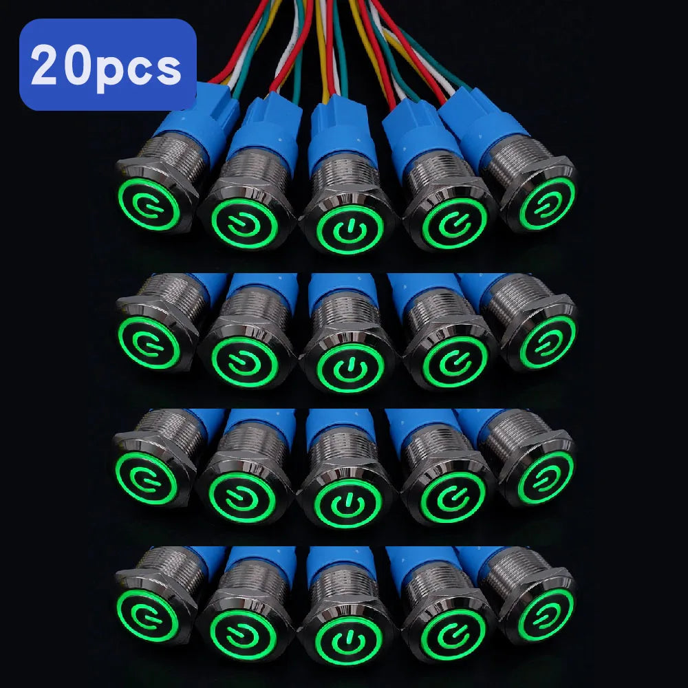 20pcs Metal Push Switch LED Light 16mm 19mm 22mm Momentary Latching With Socket Waterproof Button Car Start Switch 5V 12V 220V