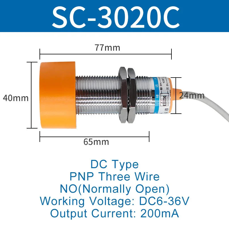 1.1 Meters Inductive Proximity Switch Sensor Waterproof SC-3020A Three Wire NPN PNP NO NC 24V DC AC M40 20mm