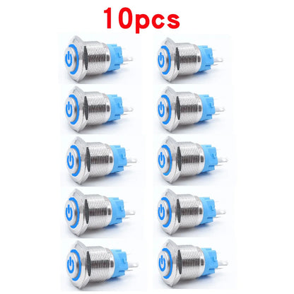 Botón Pulsador Metálico (10 pzas) 16/19/22mm, LED, Momentáneo/Enclavable, 5V/12V/220V