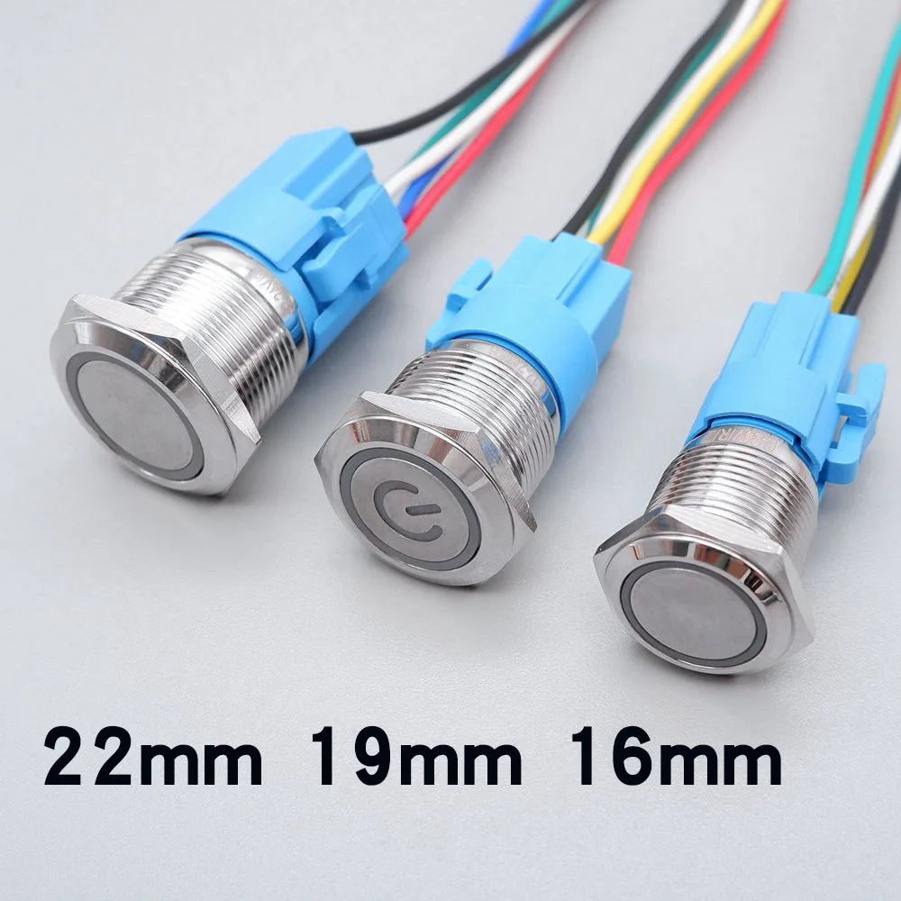 Botón Pulsador Metálico con Zócalo (20 pzas) 16/19/22mm, LED, Momentáneo/Enclavable, Impermeable, 5V-220V