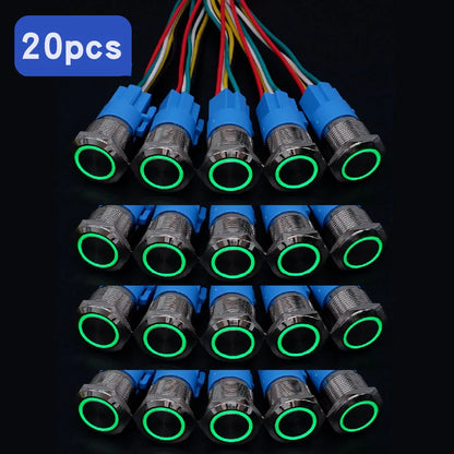 20pcs Metal Push Switch LED Light 16mm 19mm 22mm Momentary Latching With Socket Waterproof Button Car Start Switch 5V 12V 220V