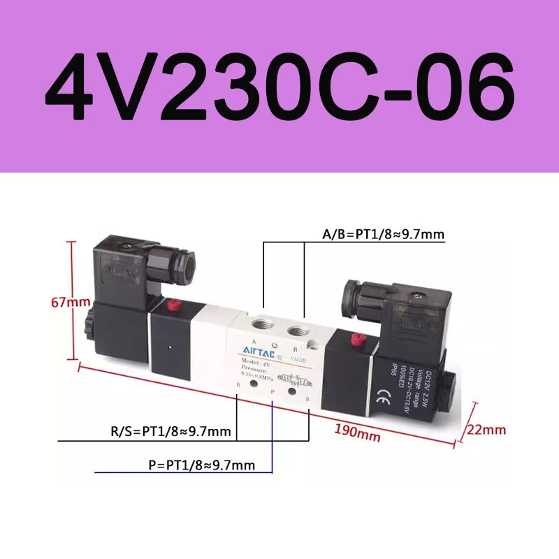 AirTAC 4V130C-06 4V230C-08 4V330C-10 4V430C-15 Pneumatic Air Solenoid Valve 5 Port 3 Position Way Reversing  12V 24V 110V 220V