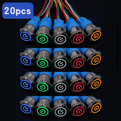 Botón Pulsador Metálico con Zócalo (20 pzas) 16/19/22mm, LED, Momentáneo/Enclavable, Impermeable, 5V-220V