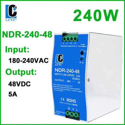 LCTC Switching Power Supply NDR-75W 120W 240W 480W Industrial DIN Rail 12V 24V 48V AC/DC Single Output Power Transformer