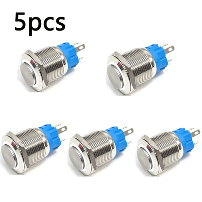 Botón Pulsador Metálico (5 pzas) 16/19/22mm, Momentáneo/Enclavable, Anillo LED, 5V-220V, Impermeable