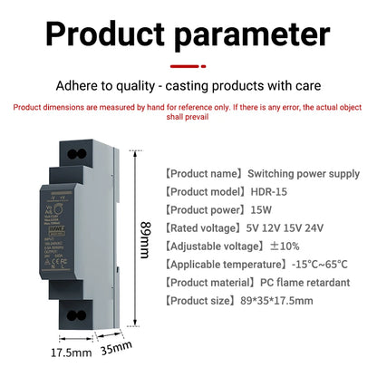 HDR-15 Series 15W Ultrathin Switching Power Supply with DC 5V/12V/24V/48V Outputs 100-240VAC Input DIN Rail Mounting
