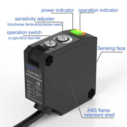 GTRIC E3JK-TR12 Square Photoelectric Sensor Through-beam 24-240V AC/DC Universal Relay Output Diffused Photoelectric Switch
