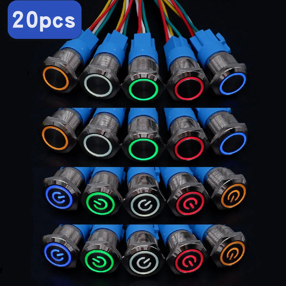 Botón Pulsador Metálico con Zócalo (20 pzas) 16/19/22mm, LED, Momentáneo/Enclavable, Impermeable, 5V-220V