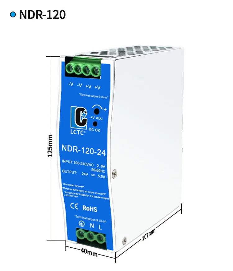 LCTC Switching Power Supply NDR-75W 120W 240W 480W Industrial DIN Rail 12V 24V 48V AC/DC Single Output Power Transformer