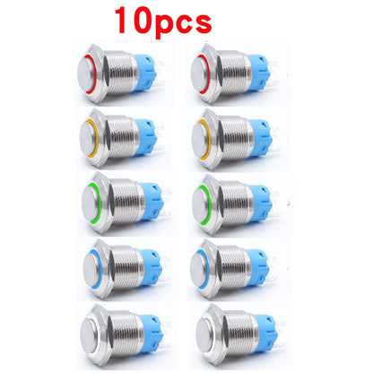 Botón Pulsador Metálico (10 pzas) 16/19/22mm, LED, Momentáneo/Enclavable, 5V/12V/220V