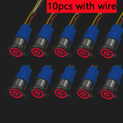 10pcs Momentary Switch 12v Metal Push Button Latching 16mm 19mm 22mm Red Blue LED Light Start Stop PC Power 3v 5v 6v 24v 220v