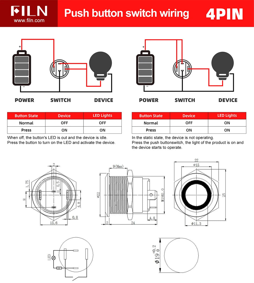 FILN IP67 22mm 20A Waterproof Metal Button Stainless Steel Push Button Switch 12V 24V 110V 220V High Current Flat Ring Round